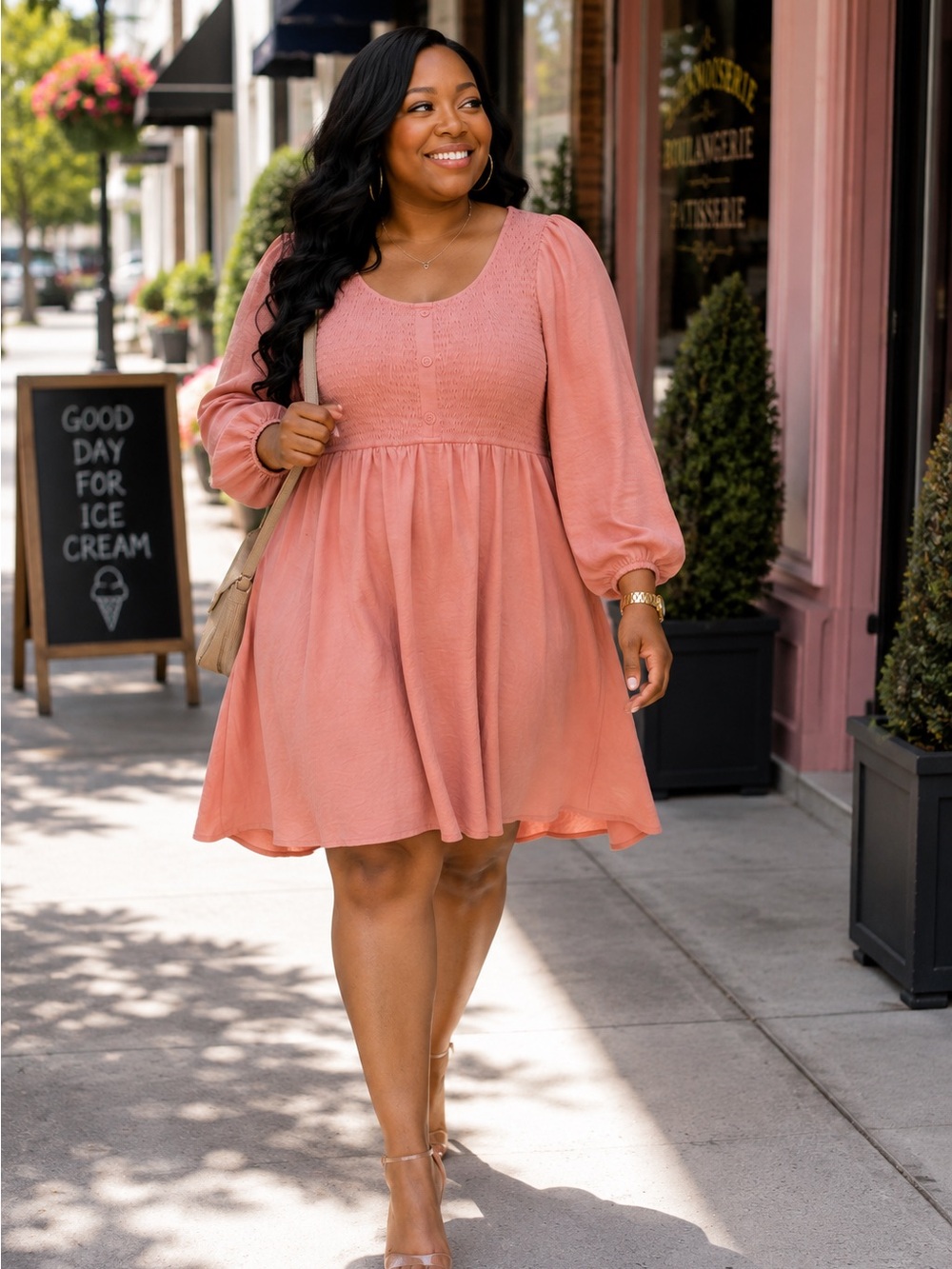 Smocked Bodice Midi Dress in Blush Pink